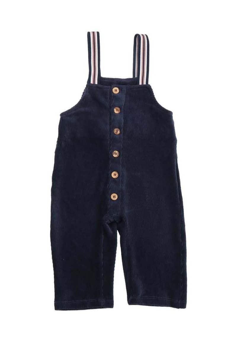 Marineblaue Corduroy-Latzhose mit verstellbaren gestreiften Trägern, fünf Holzknöpfen vorne und geradem Beinverlauf. Strukturierte Stoffdetails.