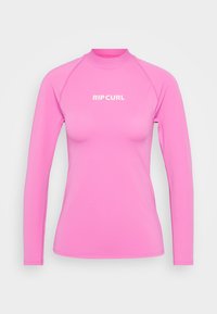 Roza dugouga rash guard s dugim rukavima koji ima visoki ovratnik, rastezljiv materijal i bijeli "RIPCURL" logo smješten na sredini grudnog koša. Glatka tekstura.