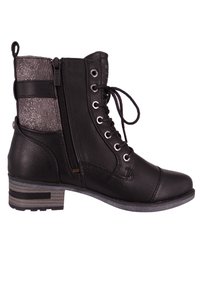 Bottes en cuir noir jusqu'à la cheville avec un panneau latéral texturé gris, un devant lacé et une fermeture éclair sur le côté, avec un talon empilé et un bout rond.