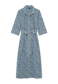 Robe midi florale bleue avec des manches trois-quarts, un col chemise, une taille cintrée et une ceinture assortie. Présente un imprimé délicat de différentes fleurs.