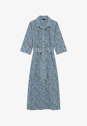 Blauwe bloemen midi-jurk met driekwart mouwen, een overhemdkraag, een getailleerde taille en een bijpassende strikceintuur. Kenmerkt zich door een delicate print van verschillende bloemen.