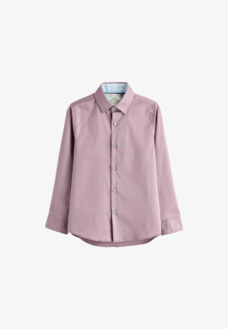 Camicia a maniche lunghe con colletto in cotone mauve chiaro, con chiusura a bottoni e colletto interno a righe blu. Tessuto morbido, taglio dritto.