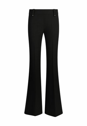 Čierne rozšírené nohavice vyrobené z hladkej tkaniny. Majú vysoký pás s dvojitými gombíkmi a široké nohavice pre pohodlný strih.