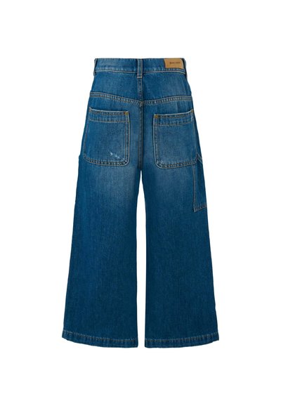 Brede denim broek in donkerblauw, met een hoge taille, achterzakken en een onafgebroken zoom. De stof heeft een medium wassing met lichte slijtage.