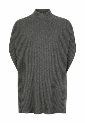 Pull à col roulé gris côtelé avec une silhouette ample, doté d'un col haut et de manches courtes. La texture semble douce et chaude.
