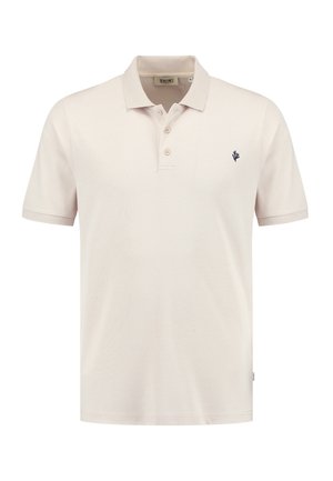 Light beige polo shirt made of cotton, featuring a classic collar, three buttons, and a navy blue embroidered logo on the left chest.