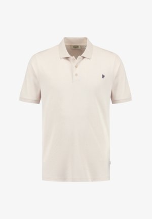 Helebeežist puuvillane polo-särk, millel on klassikaline krae, kolm nuppu ja vasakul rinnal tumesinine tikitud logo.