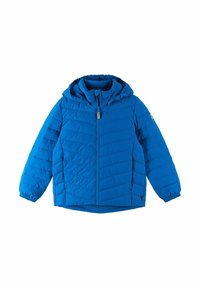 Giacca a vento blu con cappuccio, caratterizzata da un motivo a trapunta diagonale, polsini elasticizzati e una chiusura frontale a zip completa. Tessuto dalla texture liscia.