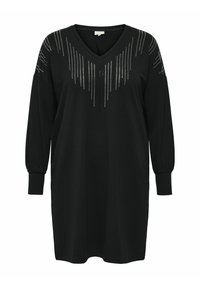 Abito nero a V in tessuto morbido, con maniche lunghe e polsini arricciati, e dettagli in strass verticali sulla scollatura.