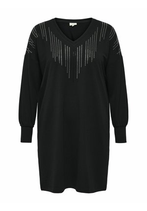Melnas V veida kleitas, kas izgatavota no mīksta auduma, iezīmējas ar garām piedurknēm un saburzītām aprocēm, kā arī vertikālu rhinestone dekoru uz krūšu daļas.