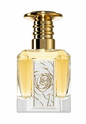 Klart glas parfume flaske med en kappe i guldmetal. Har en hvid etiket med et guldrose-design. Indeholder en lys gul væske.