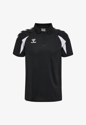 Sort kortærmet polo med hvide chevron-detaljer på skuldrene, hvide sidepaneler og hvidt Hummel-logo på venstre bryst.