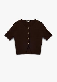 Brun kortærmet cardigan med rund halsudskæring, der har en frontstykke med fem guldtonede knapper og et delt kantdesignet.