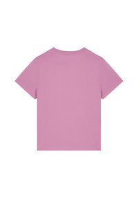 Kurzarm-T-Shirt aus leichtem rosa Baumwollstoff, mit Rundhalsausschnitt und schlichtem, einfarbigem Design ohne Verzierungen oder Muster.