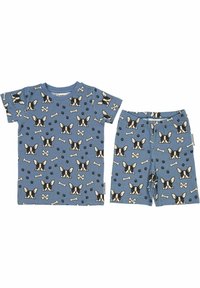 Sininen puuvillapaitasetti, joka koostuu lyhythihaisesta paidasta ja shortseista, joissa on mustavalkoisia koiranpään ja luun kuvioita.