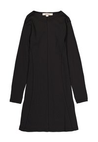 Schwarzes langärmliges Kleid, gerippte Textur, runder Ausschnitt, Nahtdetails, tailliertes Oberteil, ausgestellter Rock, Länge bis zur Mitte des Oberschenkels.