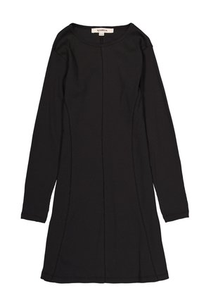 Robe noire à manches longues, texture côtelée, décolleté rond, détails de couture, corsage ajusté, jupe évasée, longueur mi-cuisse.