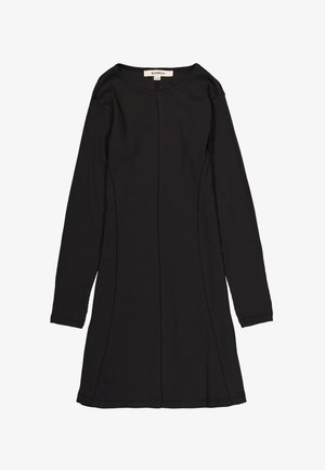 Schwarzes langärmliges Kleid, gerippte Textur, runder Ausschnitt, Nahtdetails, tailliertes Oberteil, ausgestellter Rock, Länge bis zur Mitte des Oberschenkels.