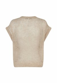 Beige pletený svetr s volným střihem, širokými rukávy a žebrovanou strukturou. Obsahuje kulatý výstřih a otevřené strany pro prodyšnost.