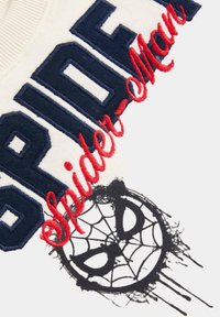 Bílá látka s vyšitým textem "SPIDER" v námořnické modři a "Spider-Man" v červené, se černou grafikou pavučiny pod ním.