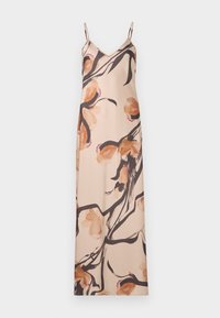 Robe en satin à bretelles en nude avec un motif floral aquarelle en beige et brun. Présente de fines bretelles spaghetti et un décolleté en V.