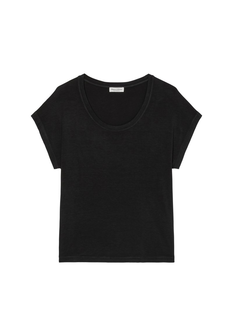 Schwarzes T-Shirt mit kurzen Ärmeln, rundem Ausschnitt, leicht lockerer Passform und einem kleinen Stoffetikett im Kragen.
