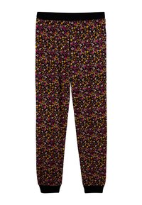 Pantalons de survêtement noirs à motifs floraux, ornés de fleurs roses, jaunes et violettes ; taille et poignets élastiques.