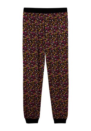 Pantalons de survêtement noirs à motifs floraux, ornés de fleurs roses, jaunes et violettes ; taille et poignets élastiques.