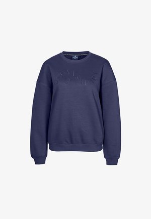 Navyblauer Pullover aus weichem Stoff, mit rundem Halsausschnitt, gerippten Bündchen und geprägt gemeldet "OCEANS APART" Logo in der Mitte.