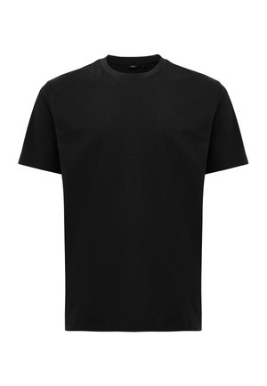 Czarny t-shirt z krótkim rękawem i okrągłym dekoltem, z małym haftowanym logo na lewej piersi.