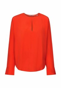 Maglietta rossa a maniche lunghe con scollo rotondo e un'apertura a chiave frontale. Tessuto liscio con vestibilità comoda e maniche a polsino.