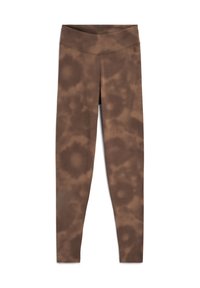 Bruine leggings met een textuurpatroon, met een hoge taille en zachte, rekbare stof, geplaatst op een witte achtergrond.