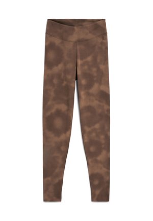 Bruine leggings met een textuurpatroon, met een hoge taille en zachte, rekbare stof, geplaatst op een witte achtergrond.