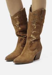 Botas de vaquero de ante marrón con punta afilada, recortes decorativos y tacón apilado. Presenta detalles en dorado y costuras decorativas.