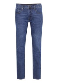 Jeans de mezclilla de color azul oscuro con un corte ajustado. Cuentan con cinco bolsillos, costuras en contraste, una cintura con botón y un diseño de pierna recta.