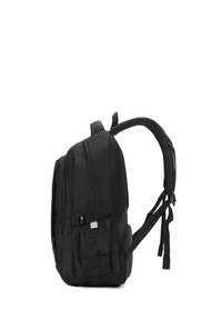 Zaino nero con tessuto texturizzato, multiple tasche con zip, spallacci regolabili e un pannello in rete per la ventilazione.