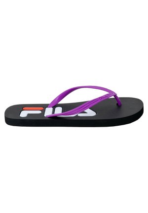 Infradito neri con suola testurizzata, dotati di cinturini in gomma viola e logo bianco. Il design è minimalista e funzionale.