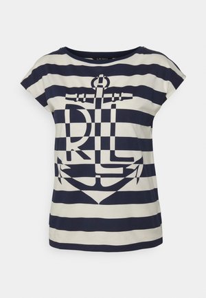 Chemise à manches courtes rayée bleu marine et blanche avec un grand motif d'ancre intégrant les lettres R, L et L sur le devant.