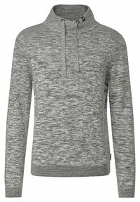 Suéter gris de punto con textura, cuello alto, cordón ajustable y puños y dobladillo acanalados para un ajuste ceñido.