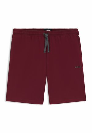 Burgundy shorts with elastic waistband, adjustable gray drawstring, side pockets, and a small logo on the left thigh. Smooth fabric.