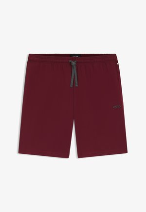 Bordowe szorty z elastycznym pasem, regulowanym szarym sznurkiem, kieszeniami bocznymi oraz małym logo na lewej udzie. Gładki materiał.