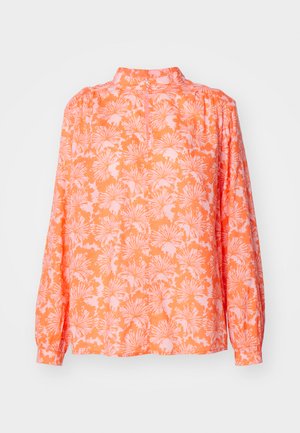 Long-sleeve blouse in bright orange with a floral pattern in lighter pink. Features a stand collar and relaxed fit. Soft fabric texture.