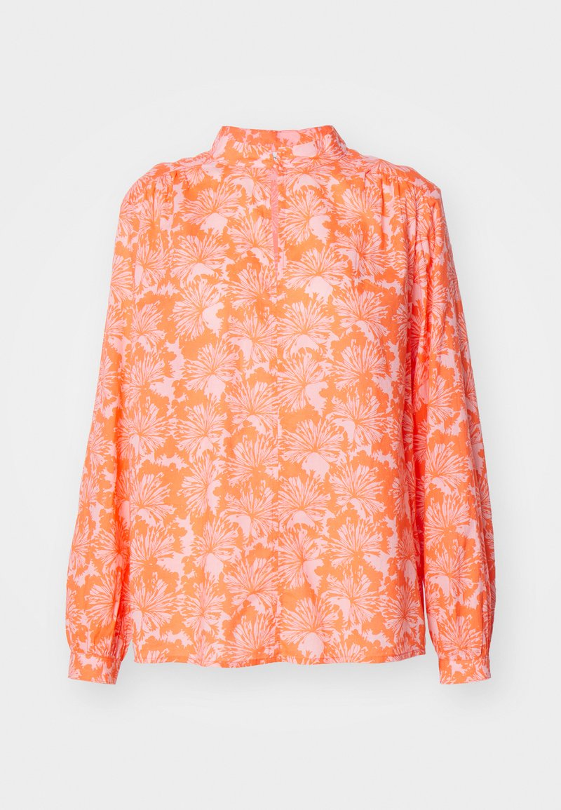 Langärmlige Bluse in leuchtendem Orange mit floralem Muster in hellrosa. Verfügt über einen Stehkragen und eine lässige Passform. Weicher Stoff.