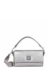 Borsa a tracolla in pelle argentata con finitura testurizzata, forma rettangolare, tracolla removibile e dettaglio con chiusura in metallo nella parte anteriore.