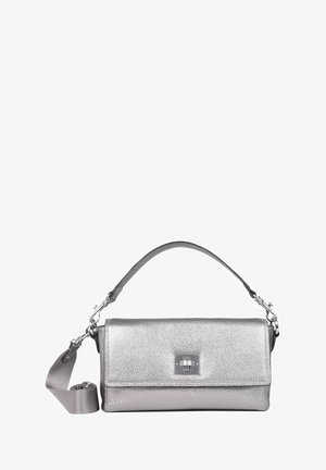 Silver leather handbag with a textured finish, rectangular shape, detachable shoulder strap, and a metal clasp detail on the front.