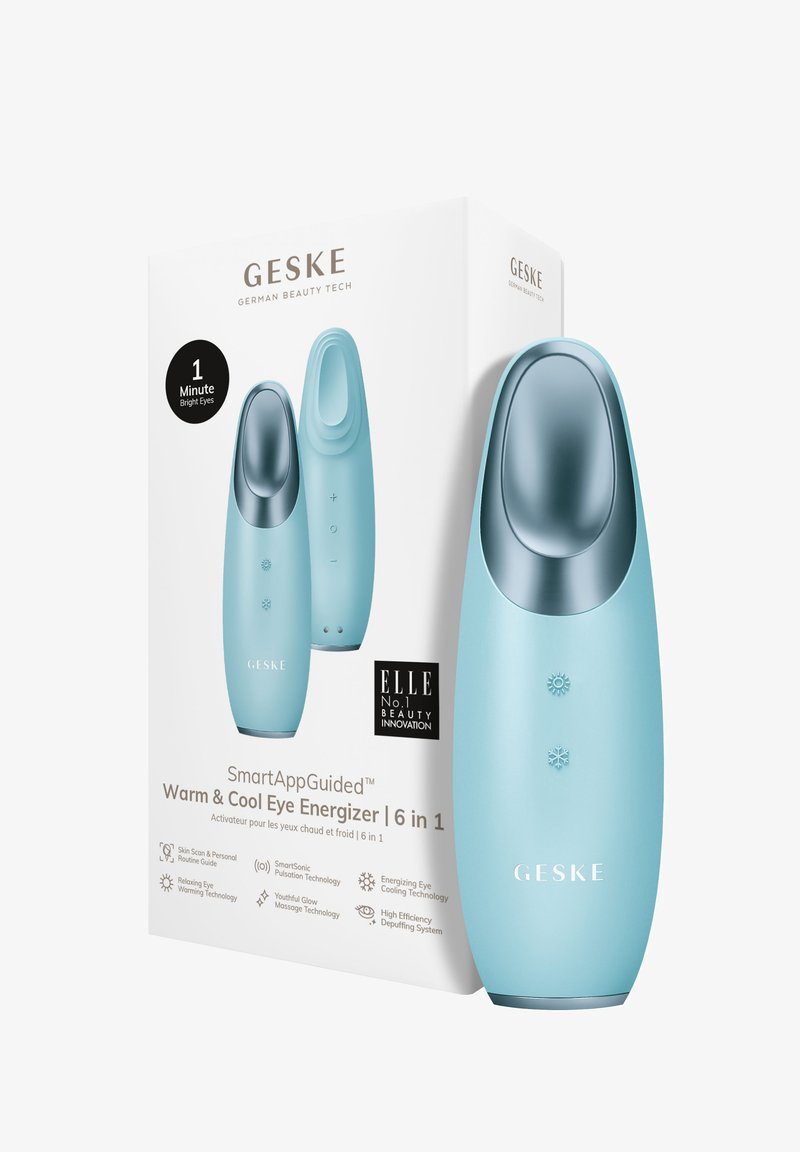 Lichtblauwe ergonomische oogoogener met een ronde bovenkant, metallic accenten en bedieningsknoppen. Verpakking benadrukt functies en merknnaam.