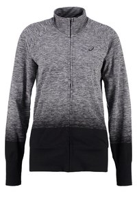 Zwarte en grijze zip-up jas met een textuurdesign en horizontale strepen, hoge kraag en lange mouwen. Gemaakt van zacht materiaal.