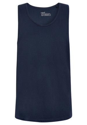 Granatowa, bezrękawnikowa bluzka wykonana z gładkiego materiału. Ma okrągły dekolt i regularny krój, bez grafik i zdobień.