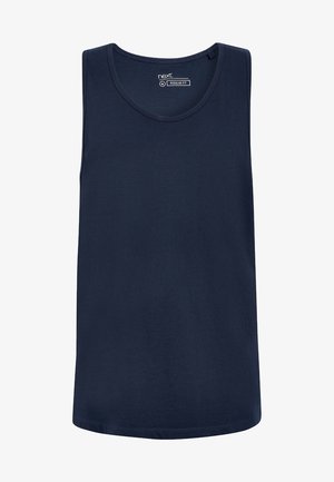 Marineblaue ärmellose Tanktop aus glattem Stoff. Es hat einen runden Ausschnitt und eine normale Passform, ohne Grafiken oder Verzierungen.