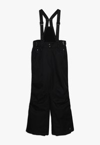 Pantaloni da sci impermeabili neri con bretelle regolabili, cerniere laterali e ginocchia rinforzate per una maggiore durata e comfort. Design a gamba ampia.